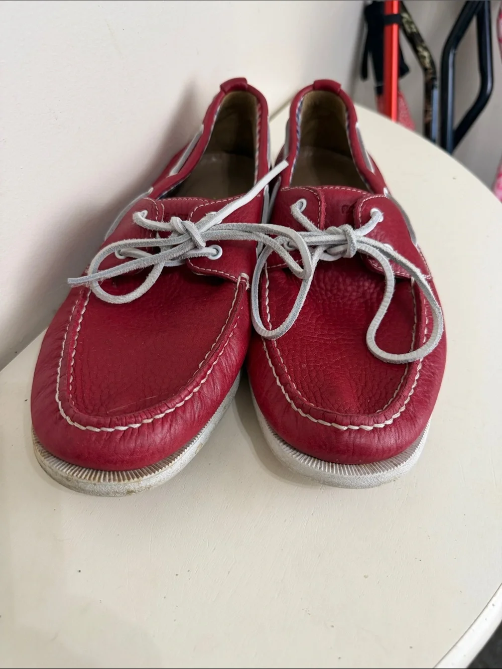 (2387) Rockport Men's Red Leather Boat Shoes - Casual Lace-Up, Size: 10